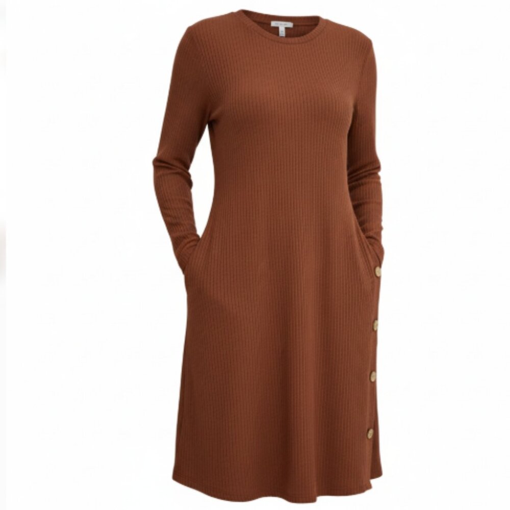 Kikibell Women’s Knit Sweater Dress Size L NEW Ribbed Button Side Pockets Brown